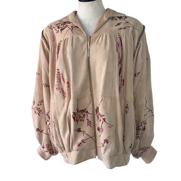 Char Vintage Womens Jacket Size Large Beige Hand Painted Leather Bomber Floral - Picture 1 of 12